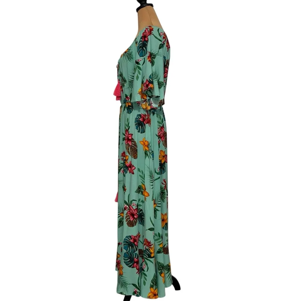 Anthropologie Label of Love Floral Maxi Dress Tassel‎ Tie Neck Bohemian Resort Green Size L - Image 2