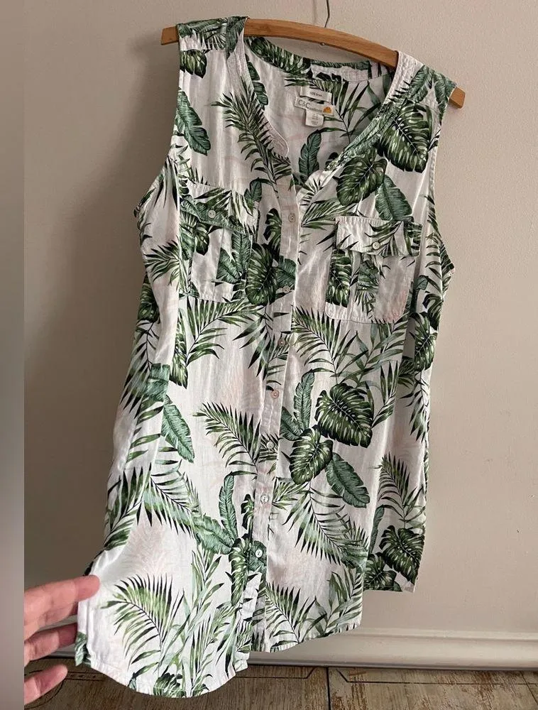 Sleeveless Button Front Palm Print Shirt 100% Linen XL Lagenlook - Image 5