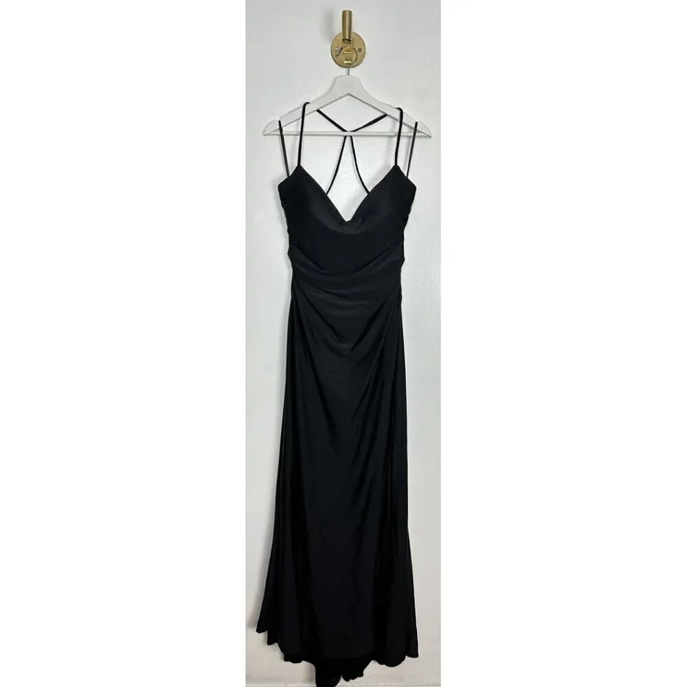 LA FEMME Cross Back Satin Jersey Trumpet Gown in Black Size US 12 - Image 3