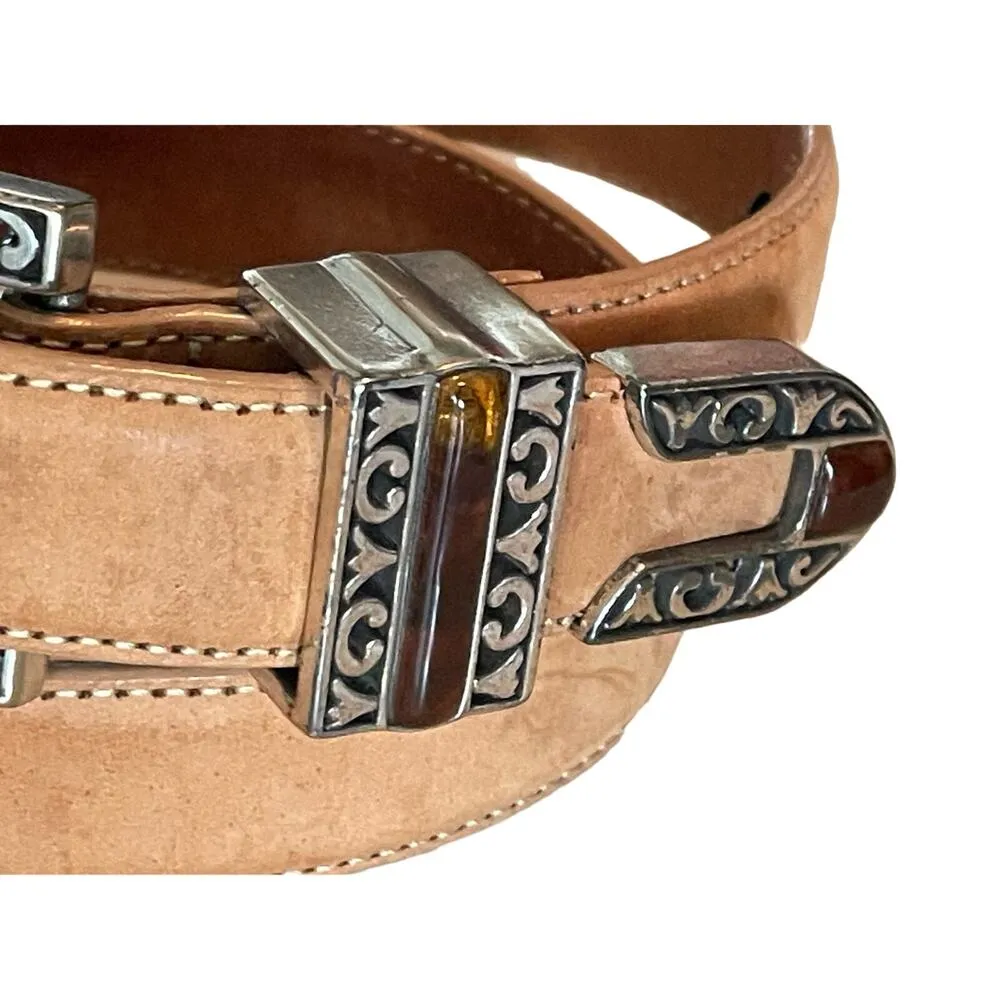 Brighton 90s Vintage Tan Leather Decorative Silver Buckle Belt S - Image 6