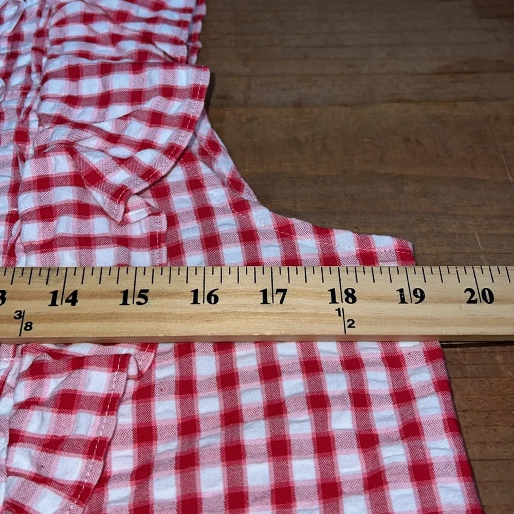 LOFT size small plaid ruffle bib button top cap sleeves standing collar red pink - Image 6