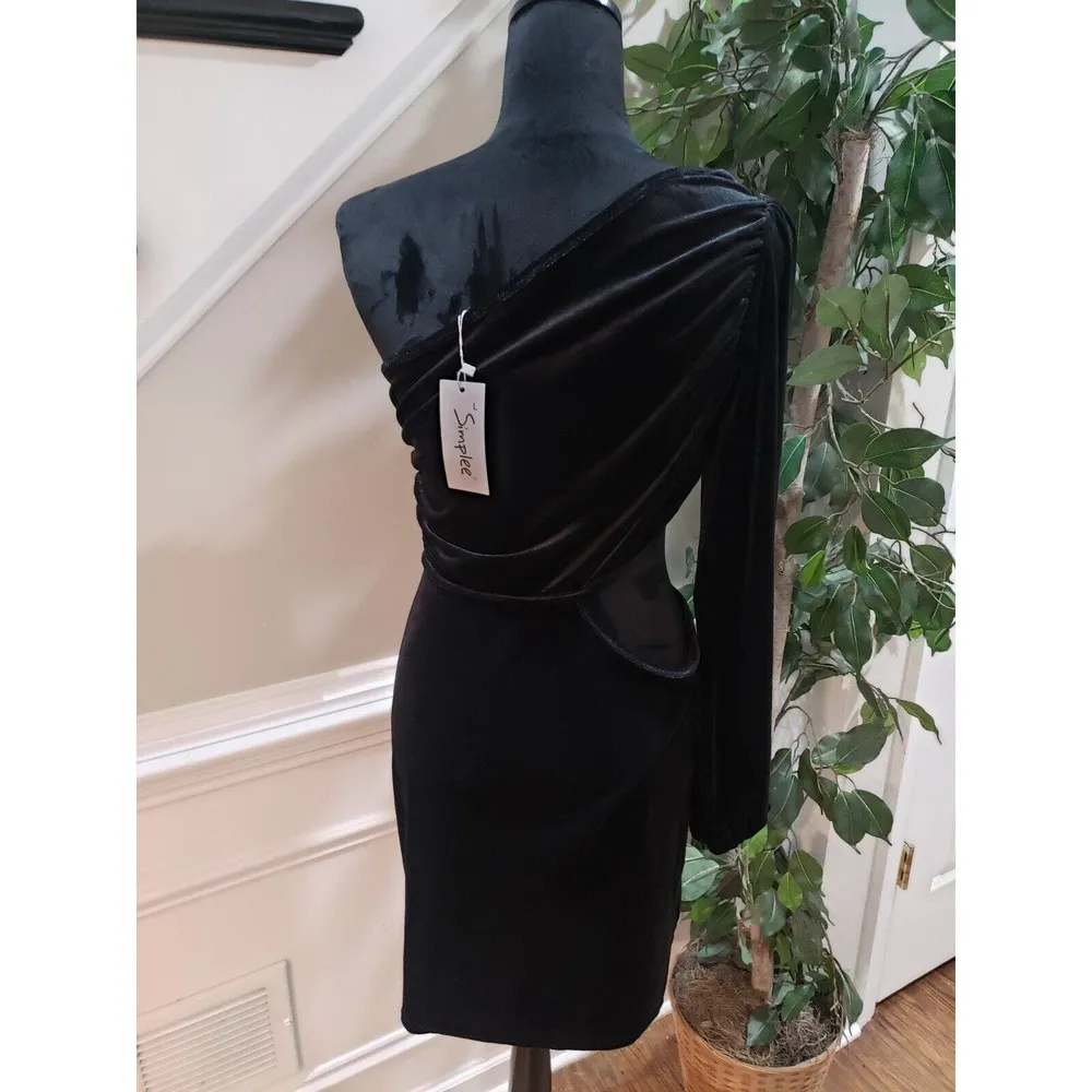 Simplee Women's Black Polyester One Shoulder Off Long Sleeve Knee Length Dress L Size L - Image 7