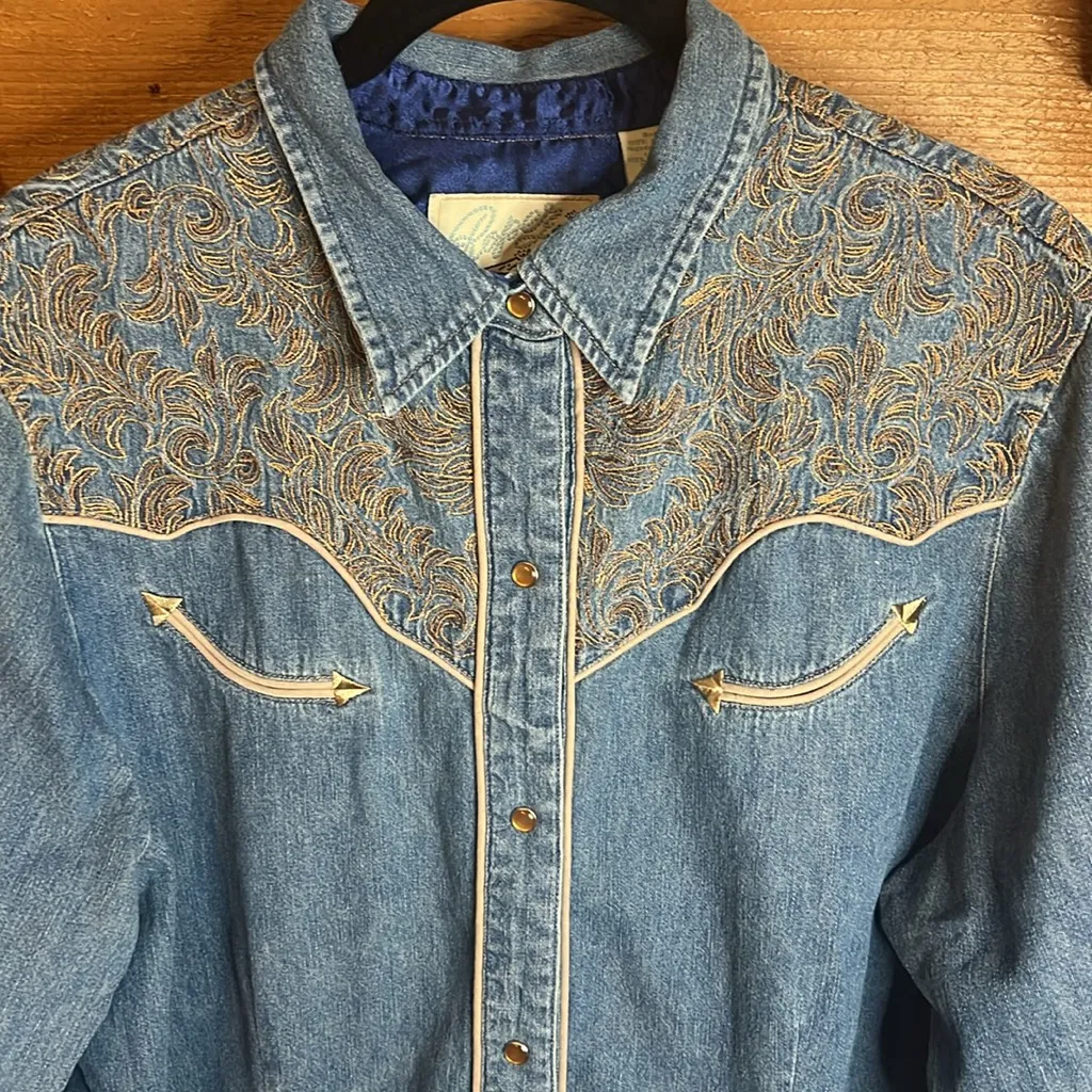 Vintage Roper Western Denim Pearl Snap Embroidered Satin Button Shirt Cowgirl XL Blue - Image 2