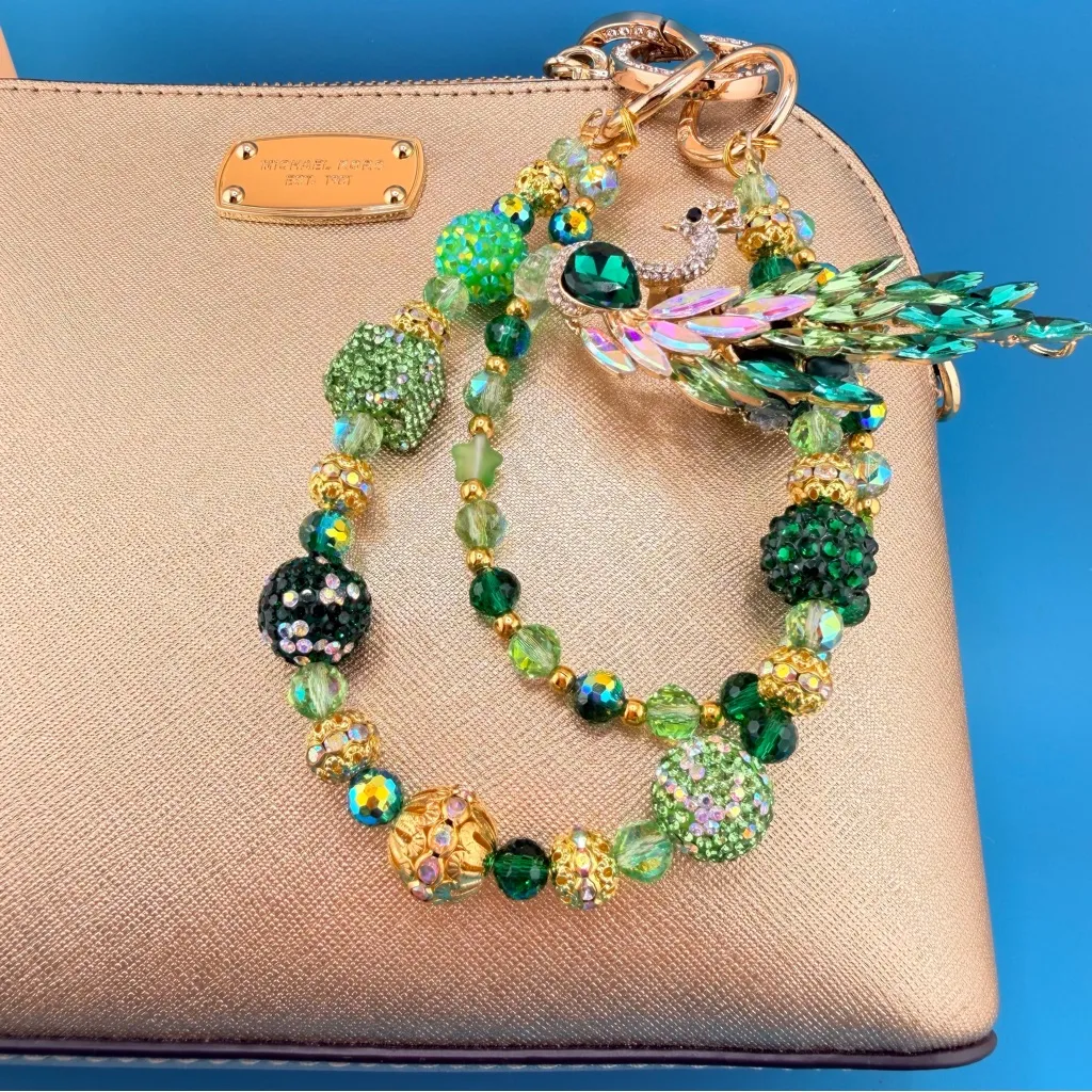 🦚 Luxury Bag/Phone Chain Charm/Keychain Green Rhinestone PEACOCK & Crystal Beads - Image 4