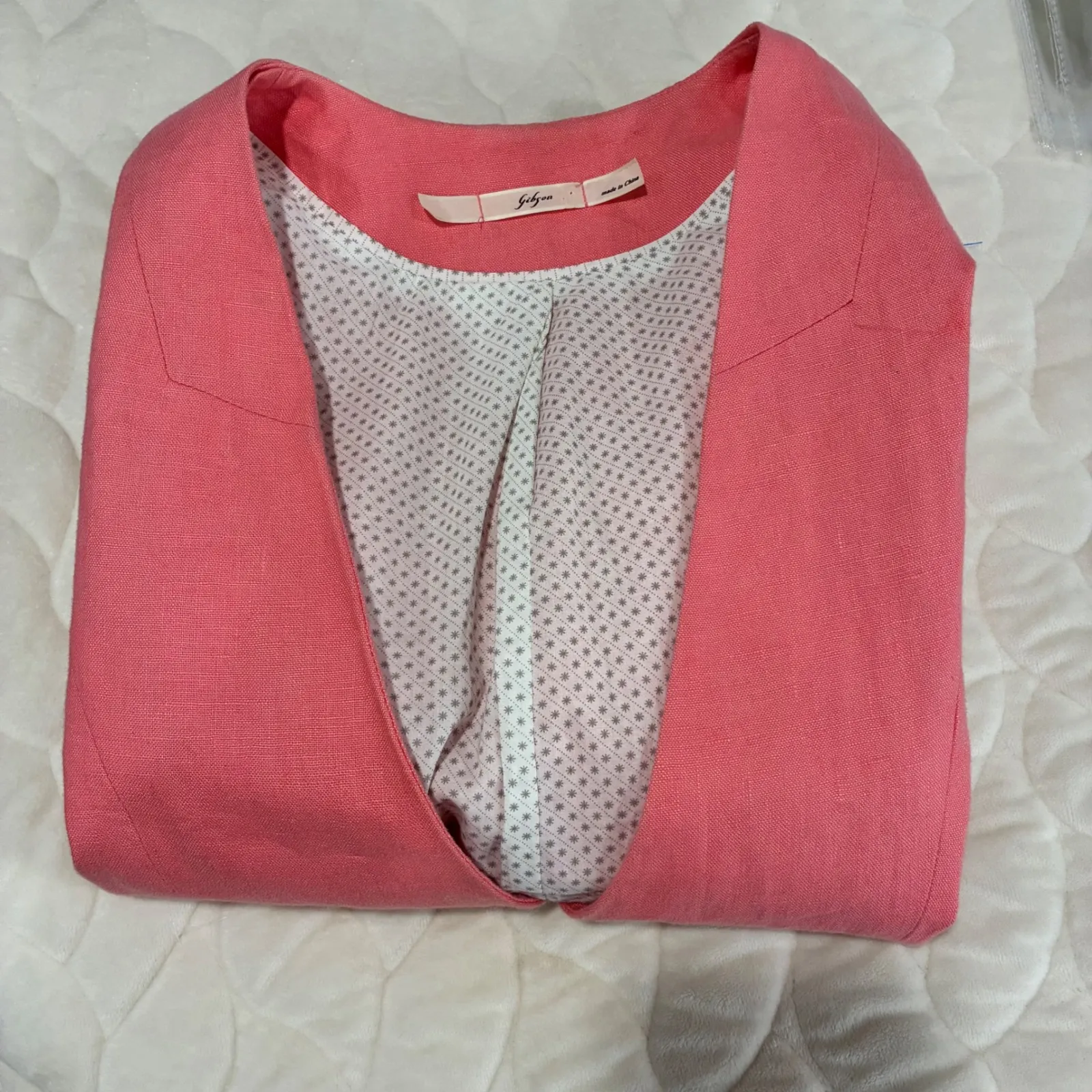 Gibson Linen Blend Blazer‎ Ruched 3/4 Sleeve Button Front Coral Medium - Image 7