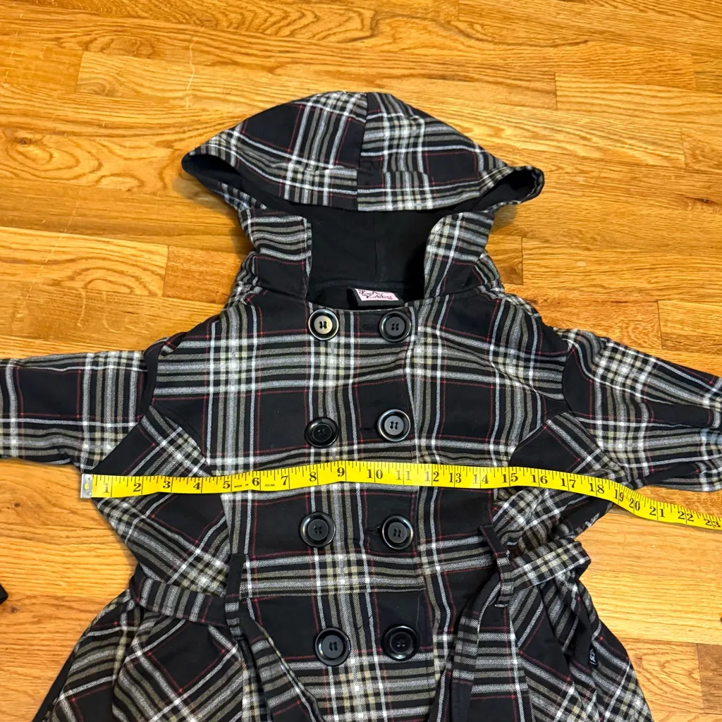 LA Kitty Juniors Large Black White Plaid Button Hood Pockets Short Trench Coat Size undefined - Image 5
