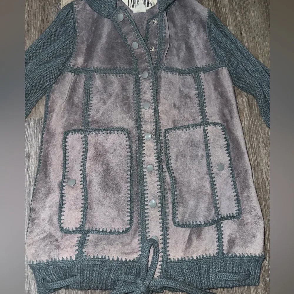 Vintage Carol Cohen Leather Knit Coat Size Large Gray - Image 2