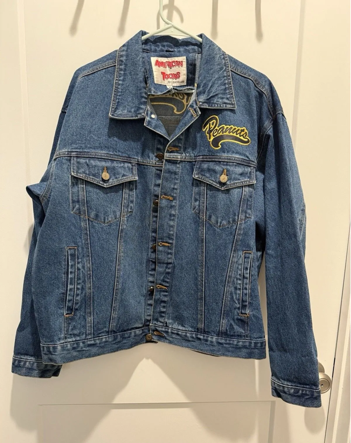 American Toons By Excelled VTG Peanuts Vintage Denim Jacket XL Leather Patch Blue - Image 1