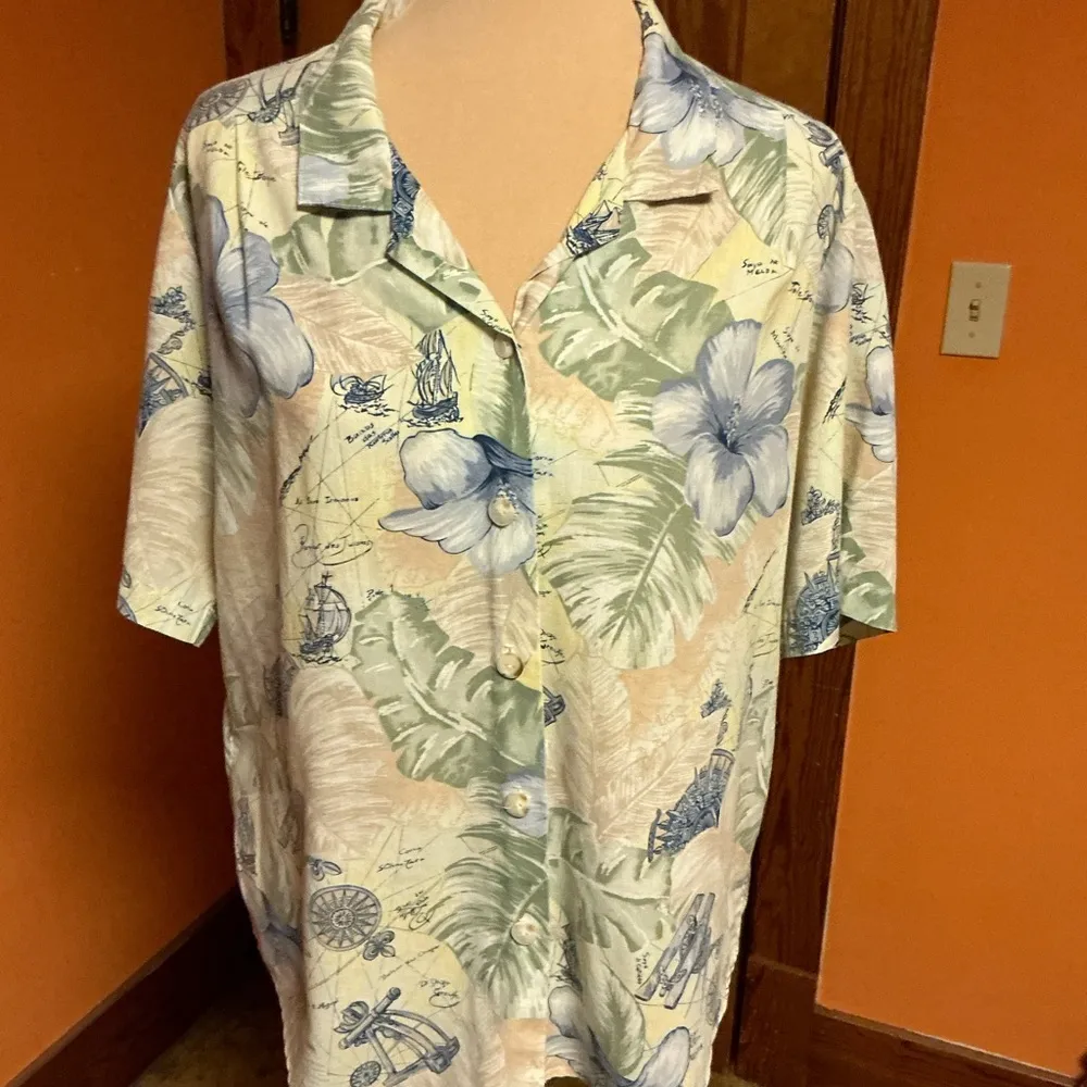 Vintage Nautical Hawaiian Shirt Tropical Floral Map Print Button Front Top Size XL - Image 5