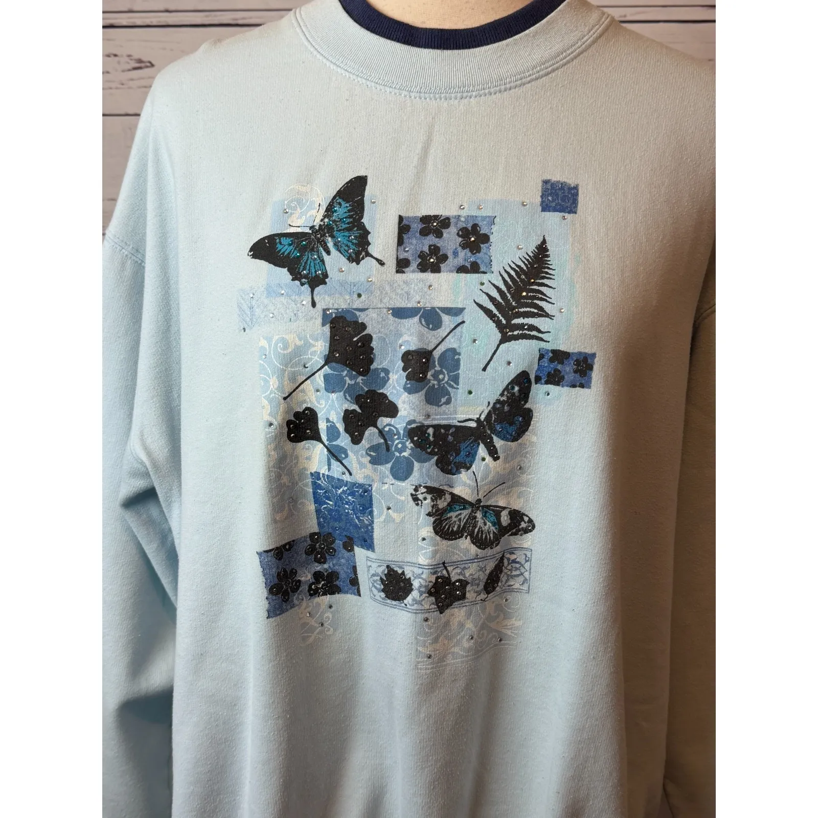Top Stitch Morning Sun Sweatshirt XL Butterfly Granny Core Vintage cottage Bling Blue - Image 2