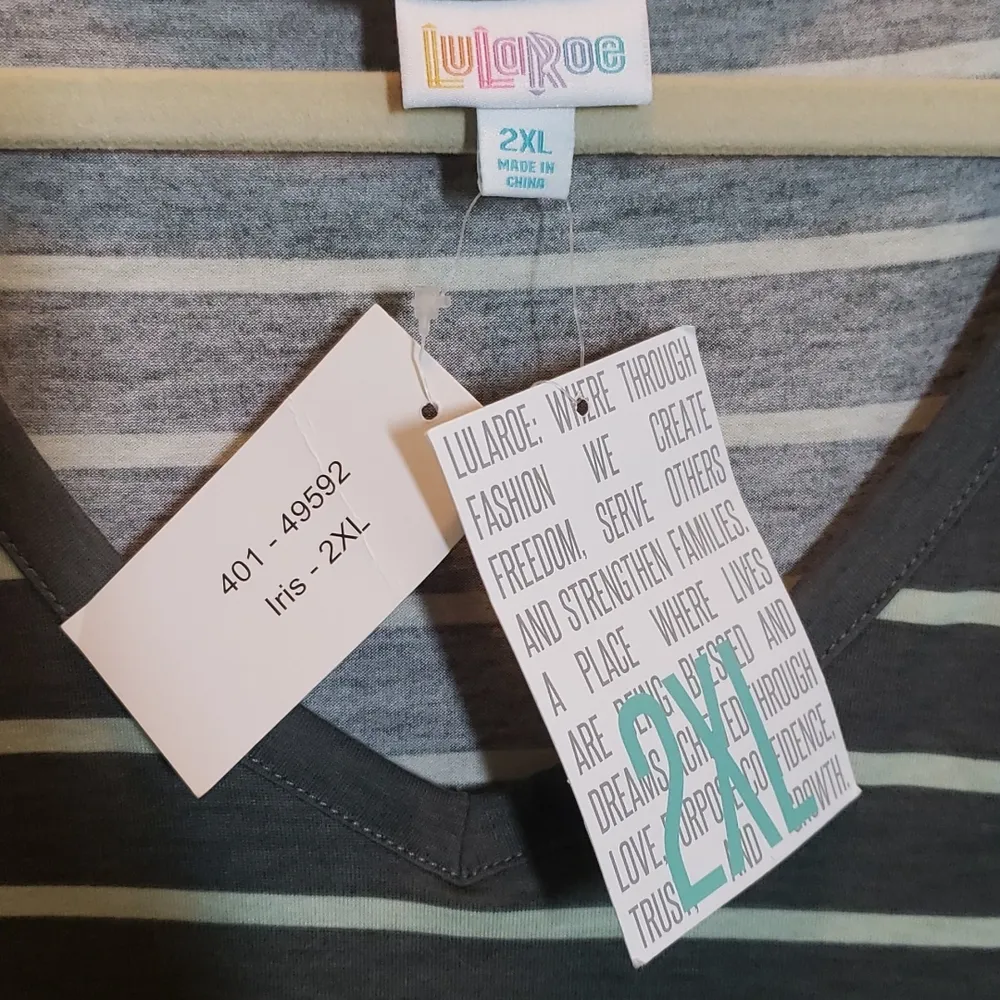 2XL LuLaRoe Iris Tee, Gray with PALE Green Stripes - Image 2