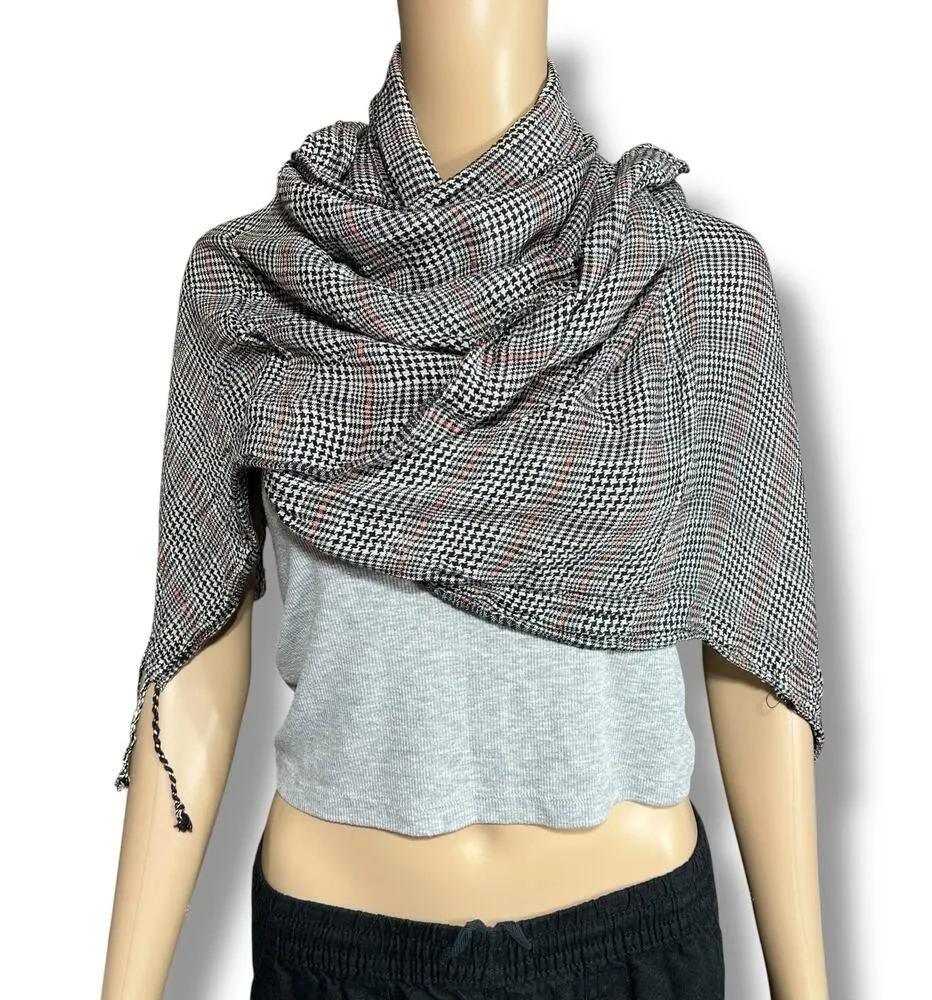 Womens Plaid Scarf Wrap with Fringe Black White and Red Rectangle Lightweight - Image 3