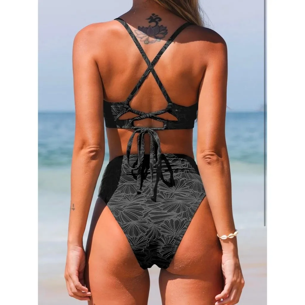 Cupshe Floral Scalloped Top Bikini Set High Waist Bottoms Womens Size Large‎ NEW - Image 3