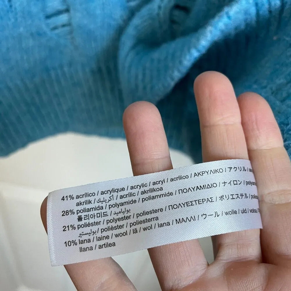 Zara Long Open Knit Sweater Wool Blend Ripped Blue - Image 6