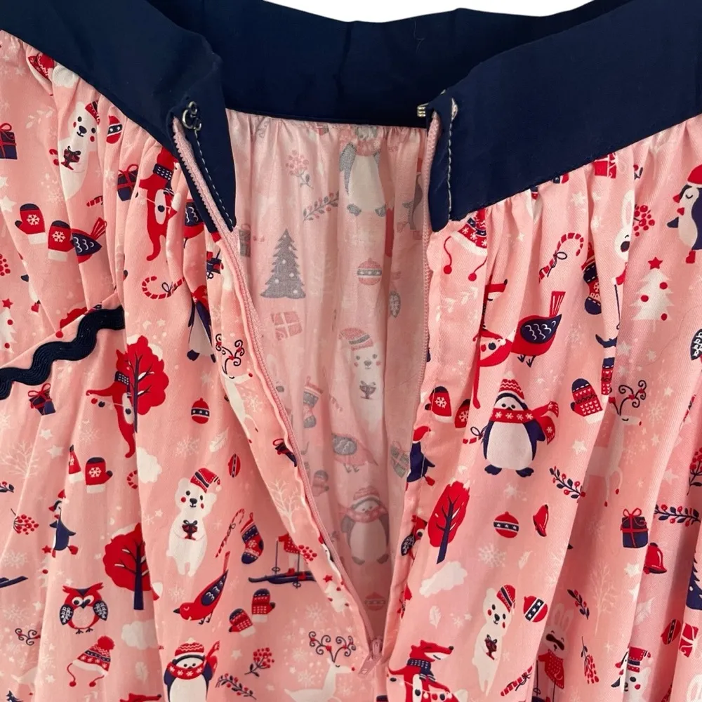 Unique Vintage Christmas Print Full Swing Skirt Cotton Pockets Winter Penguin - Image 4