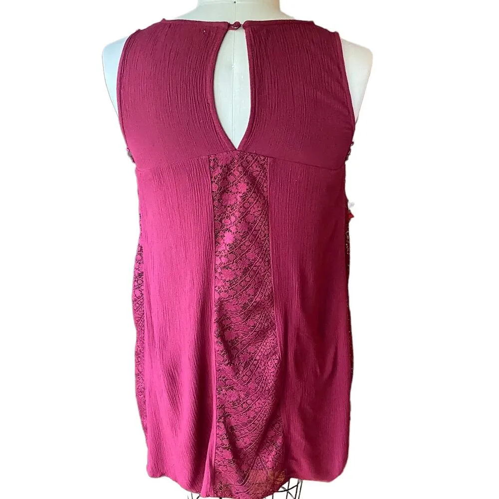 LOVE FIRE Maroon Red Boho Chic Embroidered Bohemian Sleeveless Gauze Dress SMALL - Image 3