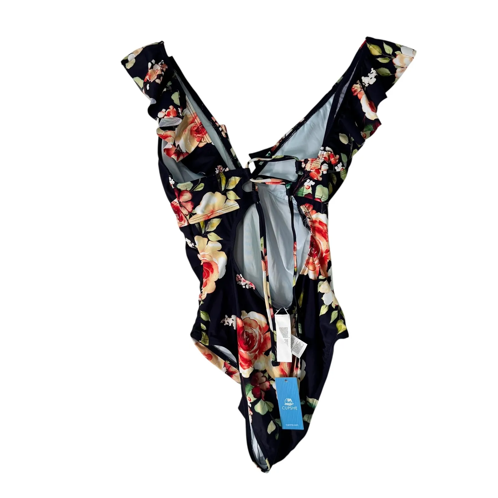 Cupshe M Floral Ruffle One Piece Swimsuit Black Red Peach Beach Pool Vacation‎ - Image 8