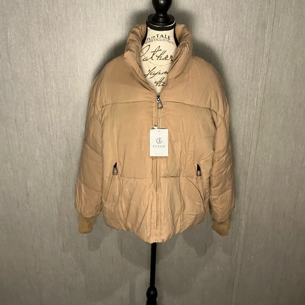 Women’s FLYGO Khaki Puffer Jacket Size XL Tan - Image 3