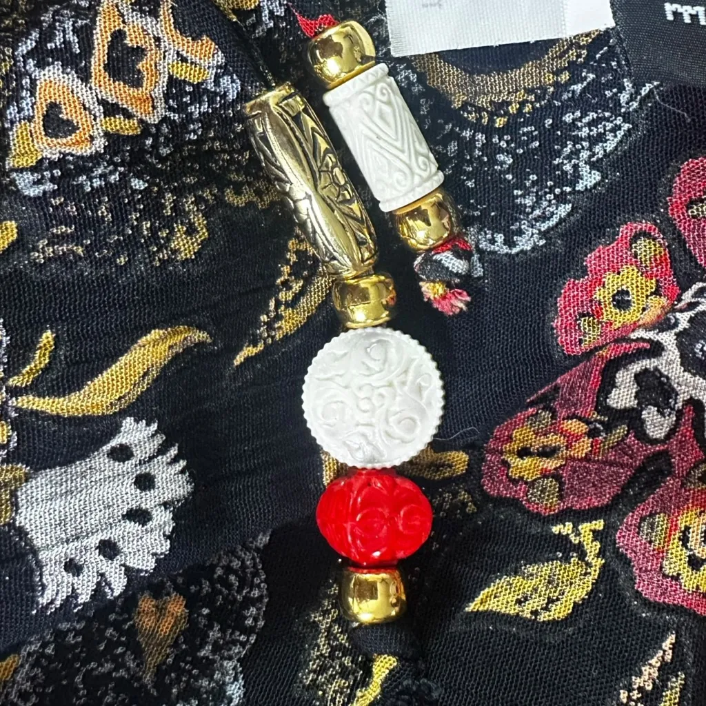 Vintage 90s Carole Little Beaded Tie Kimono Bohemian Metallic Asian Floral 10 Black Size 10P - Image 7