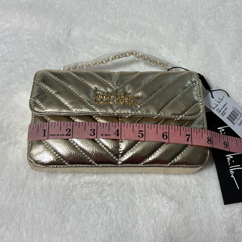 Nicole Miller Gold‎ Quilted Chain Strap Crossbody Small Bag Purse Card Slots NWT - Image 9
