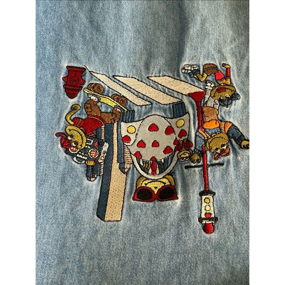 Vintage 90s Quizz Woman Embroidered Frog Heart Chambray Short Sleeve Button Up S Blue Size 20W - Image 4