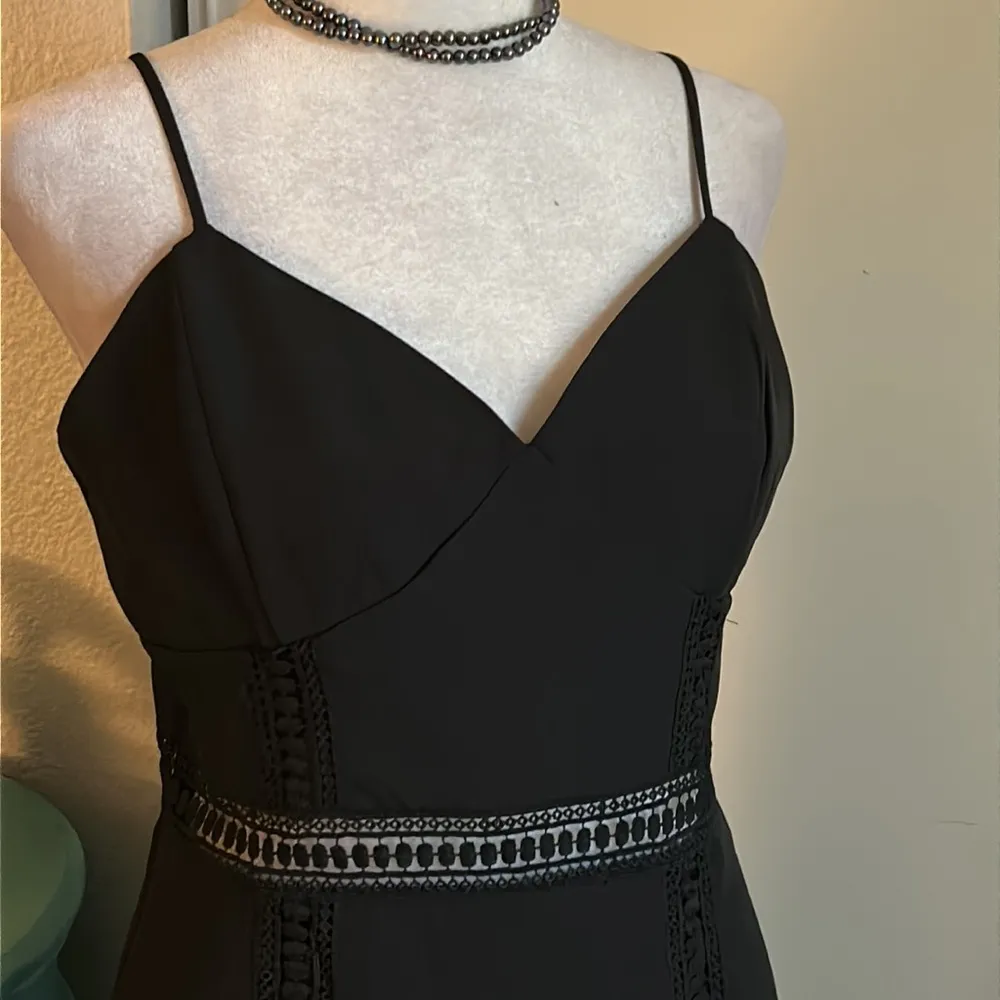 New Aqua Little Black Midi Dress with Flounce Ruffle Hem Lace Crochet Inlay - Image 3