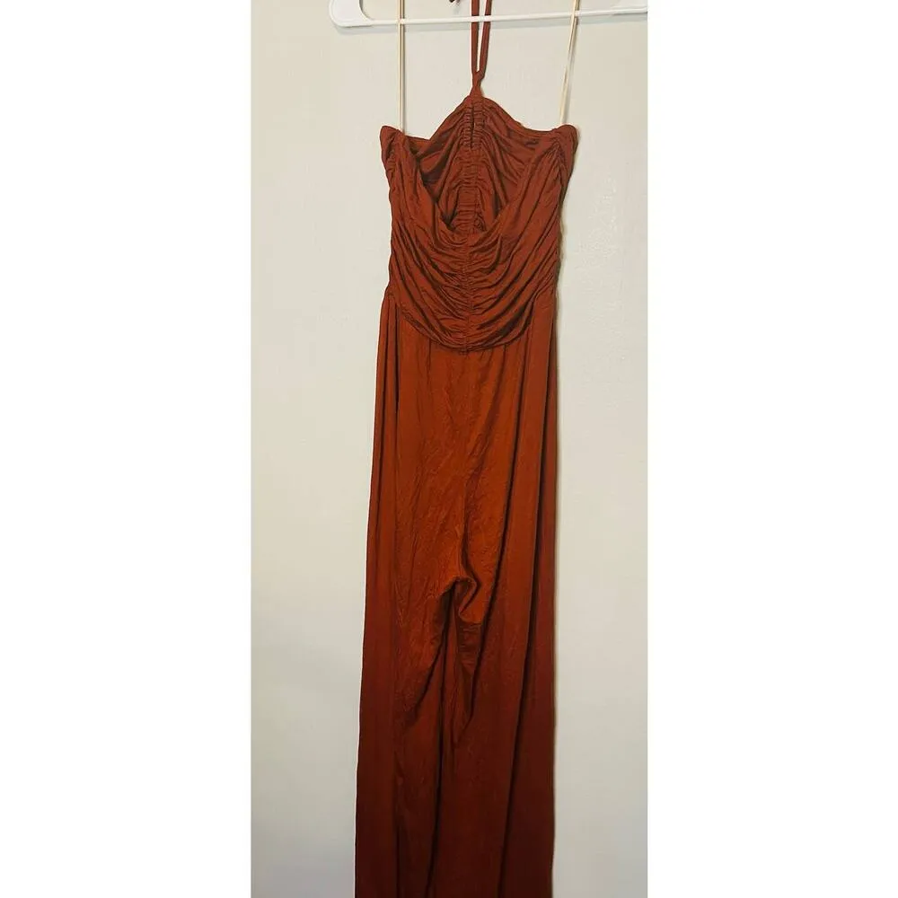 Trina Turk Lianna Cinnamon Brown Halter Neck Keyhole Wide Leg Jumpsuit Size M - Image 4