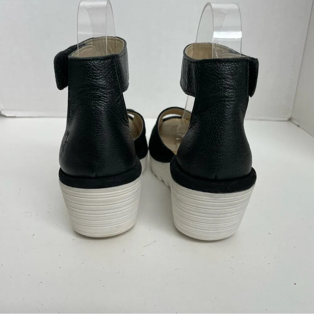 Fly London Sandals Yake Wedge Leather Perforated Ankle Comfort Travel Black - Image 4