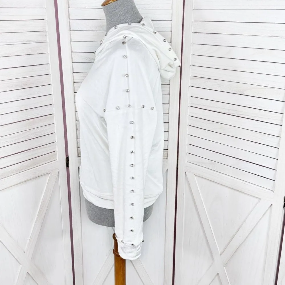 Boston Proper Velour Rhinestones Hoodie Sweater‎ White XS Sweatshirt Top - Image 3