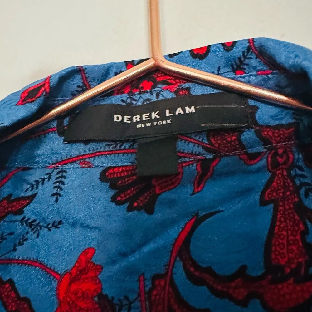 Derek Lam Blue & Red Floral Print Button Front A-Line Shirt Dress Size 4 - Image 7