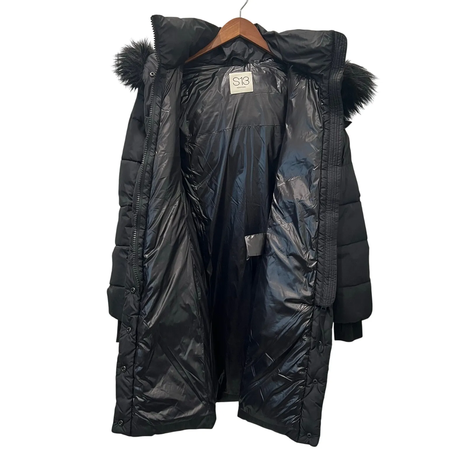 S13 New York Chalet Puffer Winter Coat Size Medium Faux Fur Trim Hood Black - Image 12