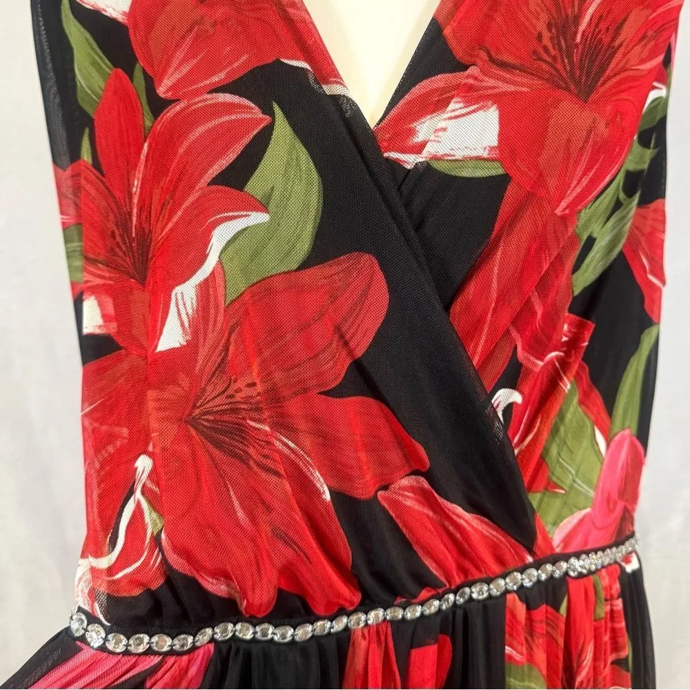 Alexa B black and red lily floral mesh maxi dress with rhinestones size 20W NWT - Image 2