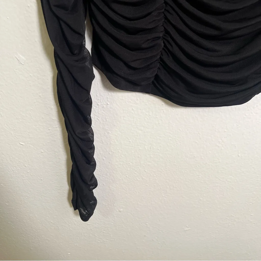 Ruched Cut Out Blouse Long Sleeve Black Mesh Cropped - Image 4