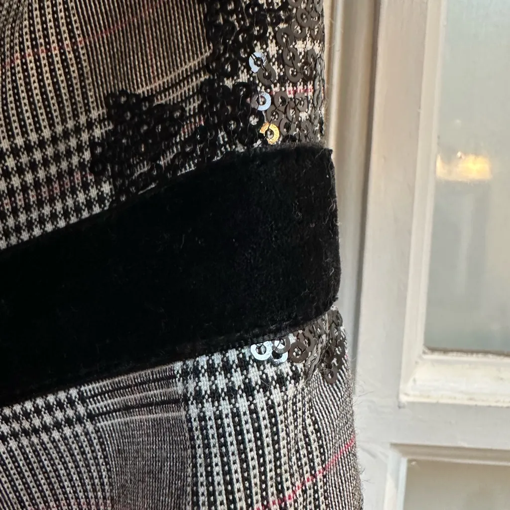 Foxiedox Black Gray Plaid Sequin Floral High Low Ruffle Formal Dress Size 4 NWT - Image 6