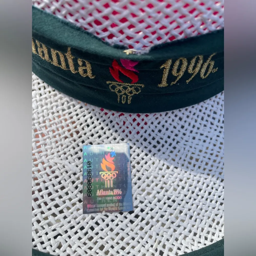 1996 Atlanta Olympics Straw Hat with Green Band & Original Stickers White - Image 4
