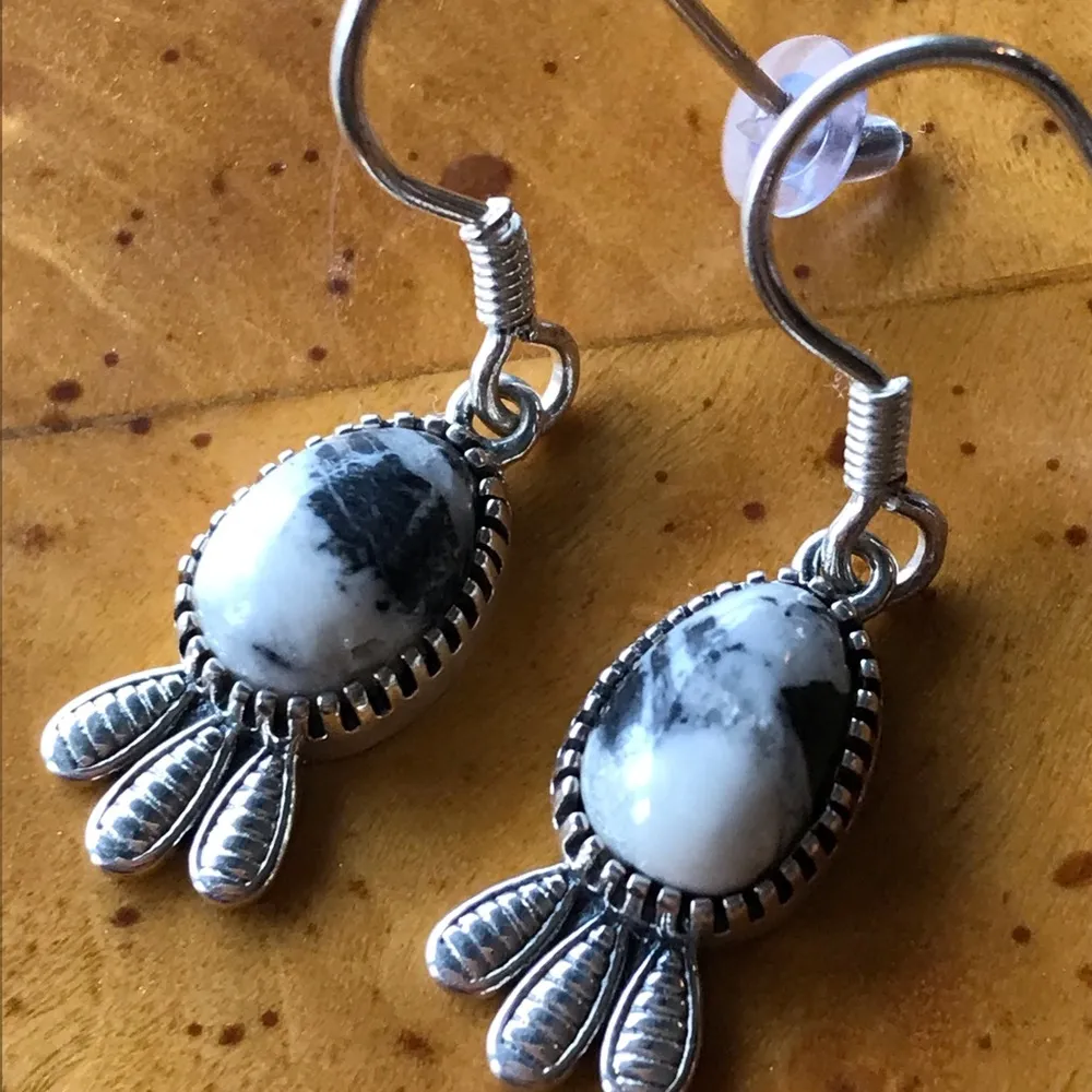 Natural White Buffalo Sterling Silver Feather Earrings - Image 2