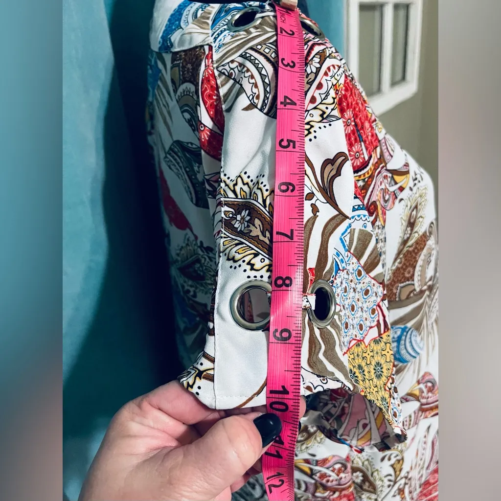 Melissa Paige Blouse SZXL White Popover Split Grommet Sleeve Geo Nature Print - Image 9