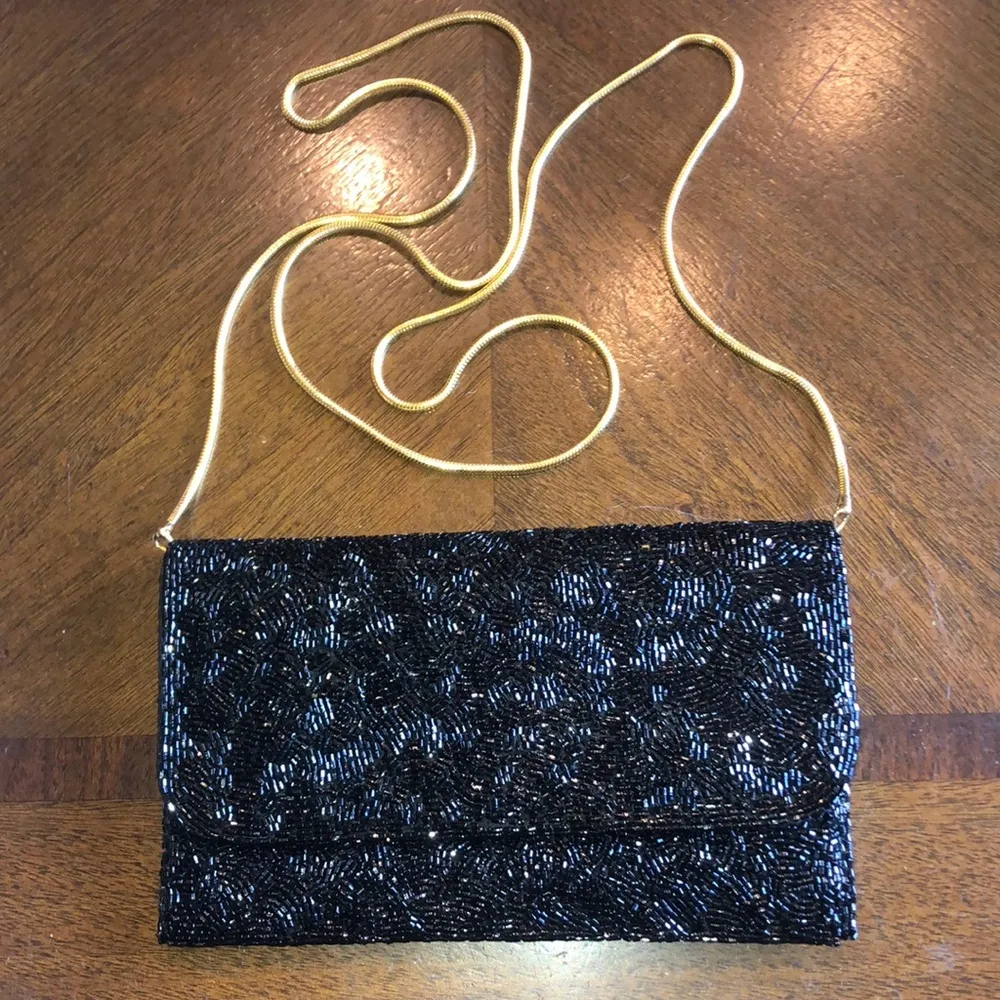 Valerie Stevens Black & Gold Tone Vintage Seed Bead Beaded Evening Bag Clutch - Image 2