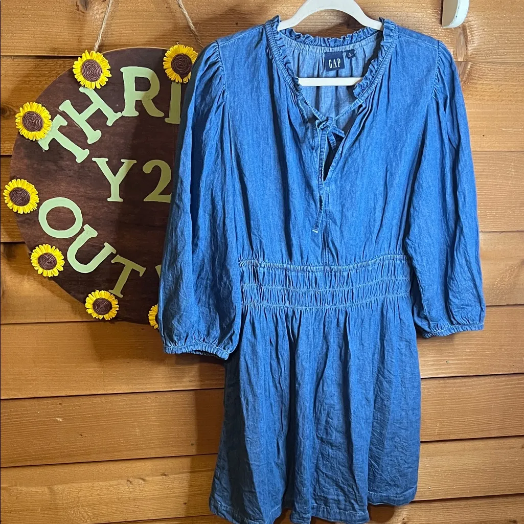 Gap Organic Cotton Denim Puff Sleeve Midi Dress Washwell Prairie Stretch Waist - Image 3