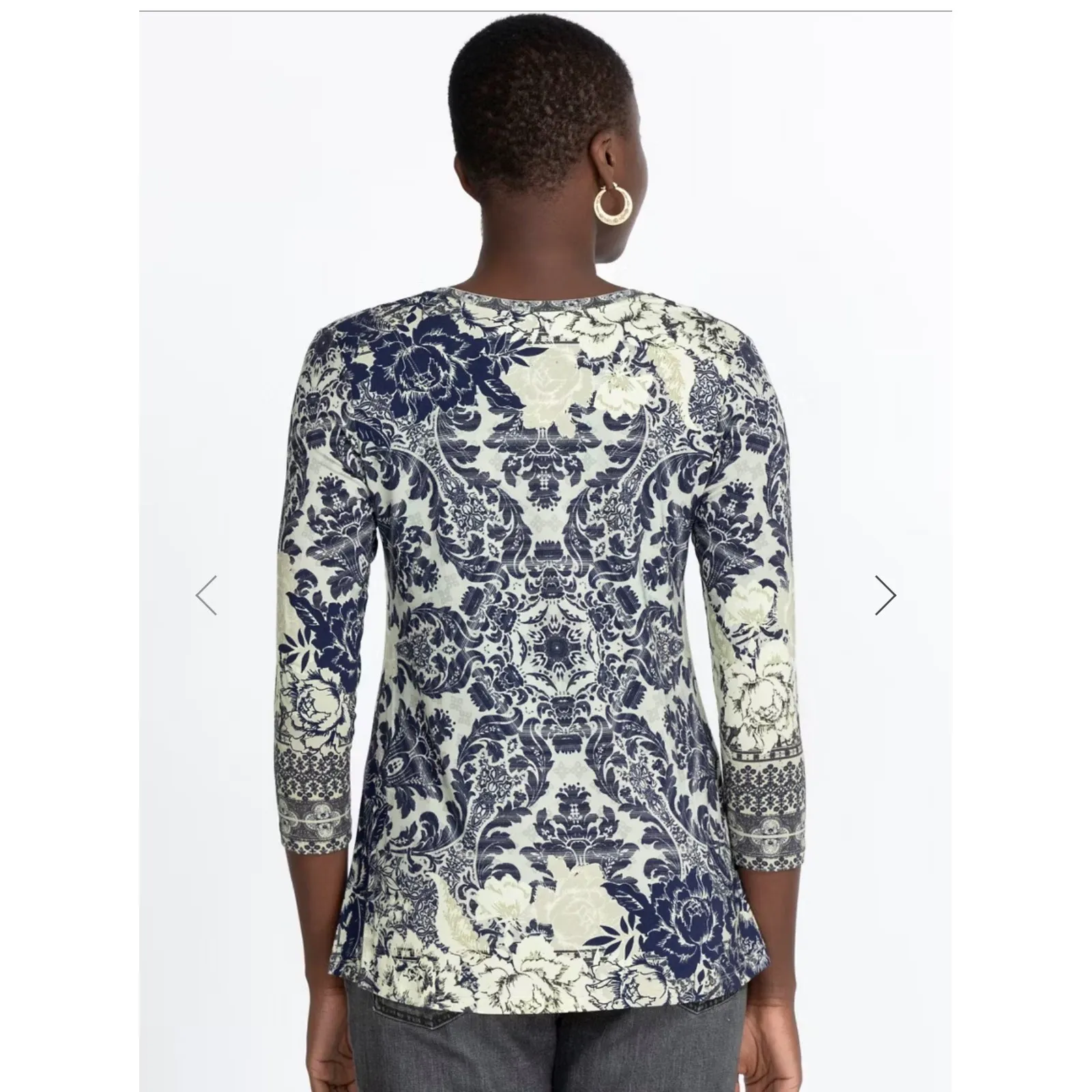 JOHNNY WAS Filo Favorite 3/4 Sleeve V-Neck Swing Tee Shirt XS Blue Cream Boho - Image 6