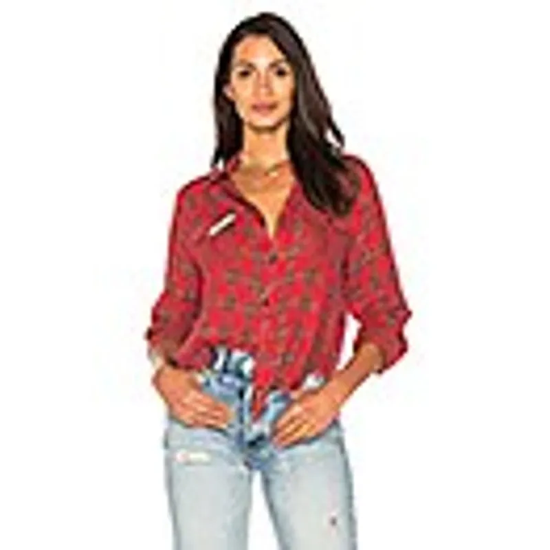 Etienne Marcel Greta Red Plaid Muslin Cotton Button Up Shirt Frayed Hem Small - Image 2