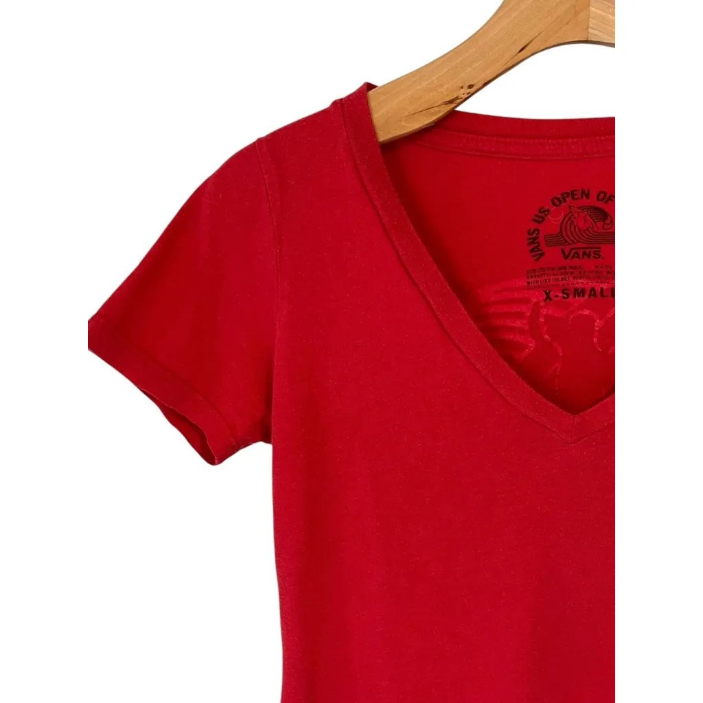 Vans T Shirt Womens Size XS Red V Neck US Open Of Surfing Print Short Sleeve - Image 2