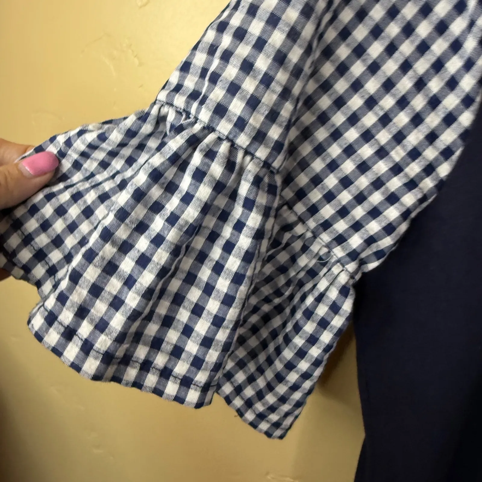 J. Crew Printed Navy Blue Dress Gingham Ruffle Bell Sleeve Cotton Career‎ M - Image 3