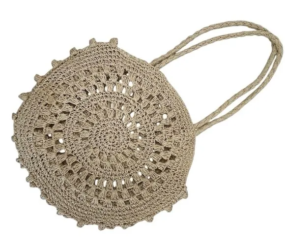 Women's Handcrafted Crochet Cotton Rope Shoulder Bag Beige Boho Casual - Image 1