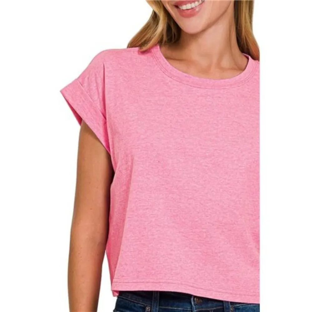 Zenana Rolled Sleeve Crop T-Shirt - Image 2