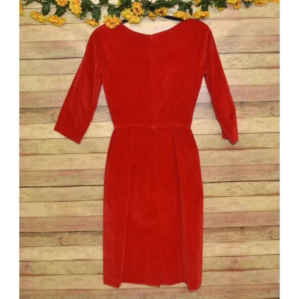 Ladies XS Handmade Red Velvet Midi Sheath Dress Christmas Red Party Winter - Image 3