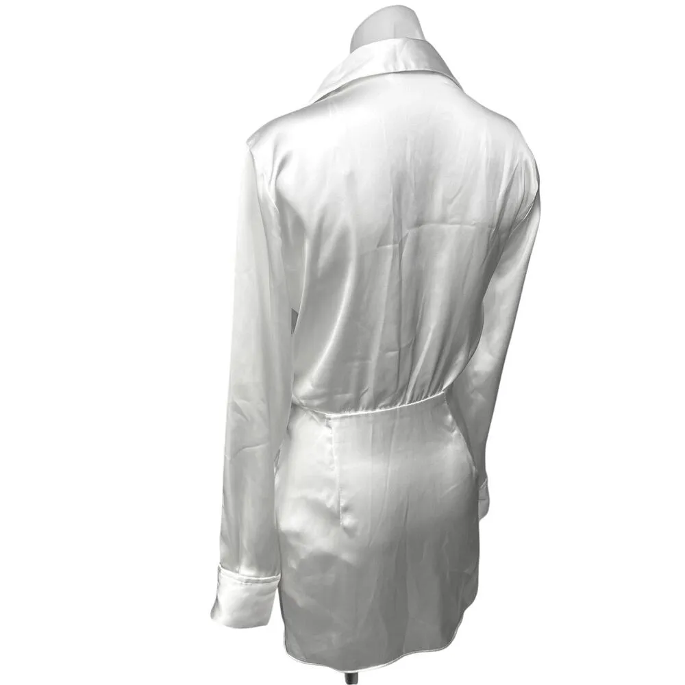 Zara White Silk Satin Long Sleeve Faux Wrap Collared Blouson Mini Dress Size XS - Image 2