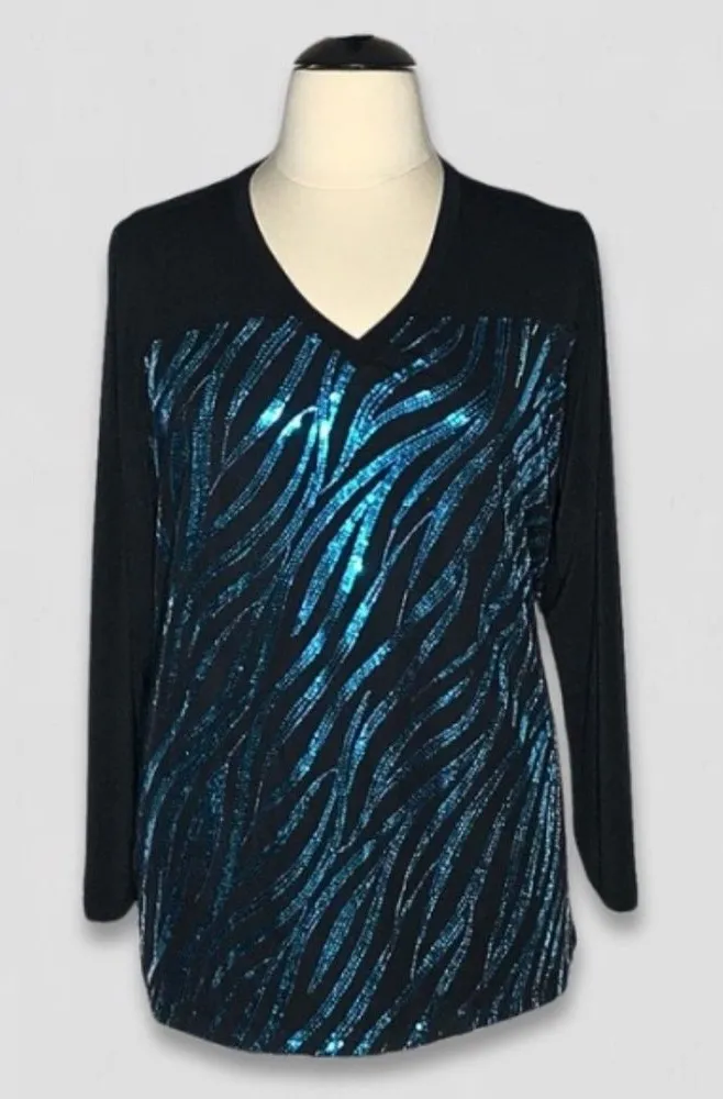 Bob Mackie Wearable Art Sequin Beaded Sweater Top Black Blue Women's 3X - Image 1