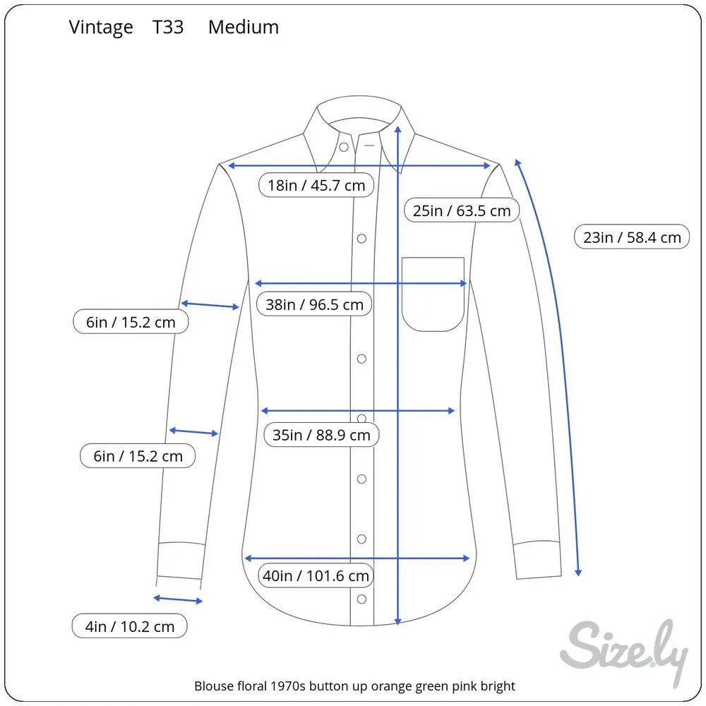 Blouse floral 1970s button up orange green pink bright Size M - Image 2