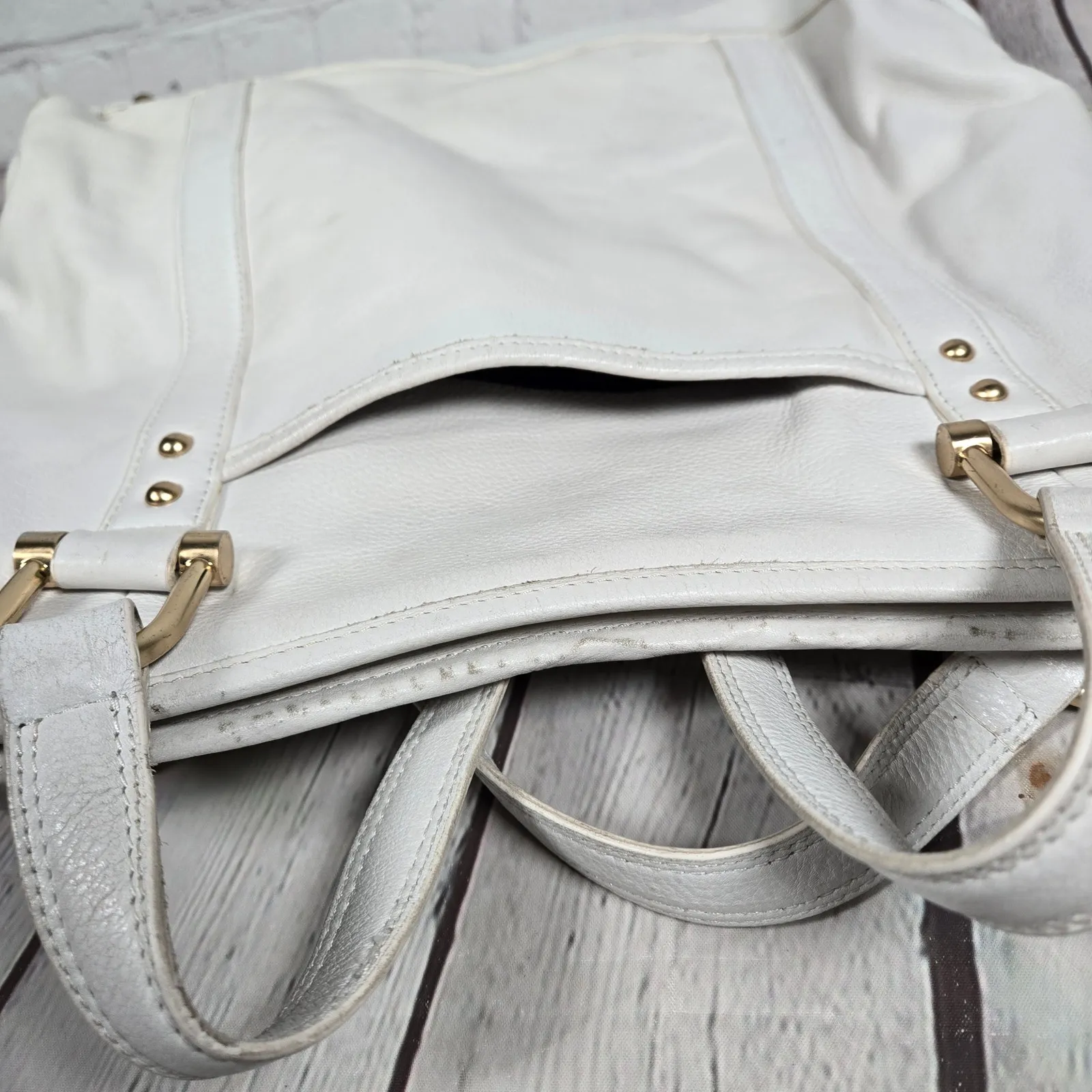 Tahari White Leather Ruffle Accent‎ Tote Bag Shoulder Bag Gold Hardware Dome - Image 4